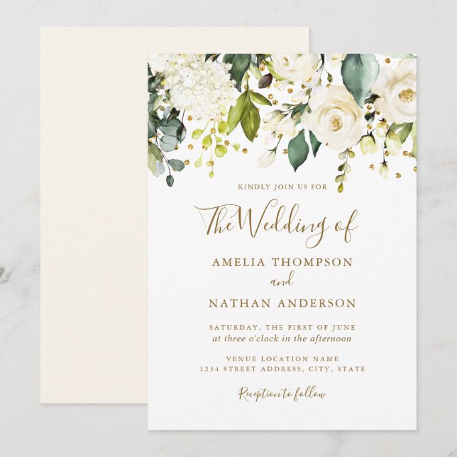 White Floral Gold Confetti Wedding Invitation (Front/Back)