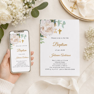 White floral gold cross baptism invitation