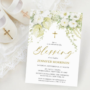 White Floral & Gold Cross Christian Baby Blessing Invitation