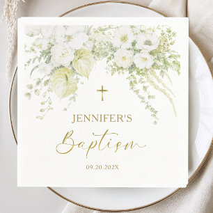 White Floral Gold Cross Elegant Baptism Paper Napkin