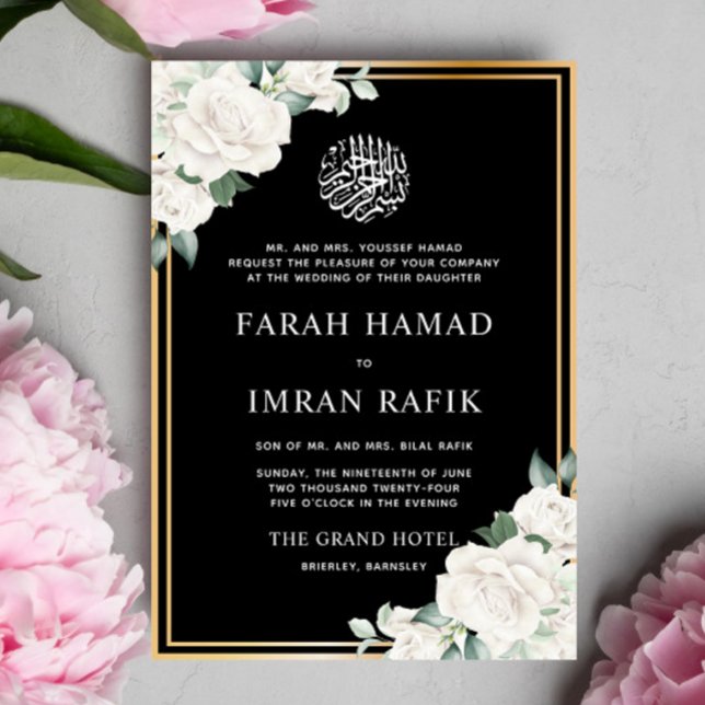 White Floral Gold Frame Black Muslim Wedding Invitation (Creator Uploaded)