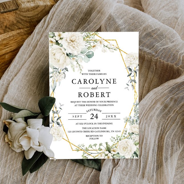 White Floral Gold Geometric Greenery Wedding Invitation (Creator Uploaded)