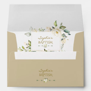 White Floral Gold Glitter Baptism Return Address Envelope