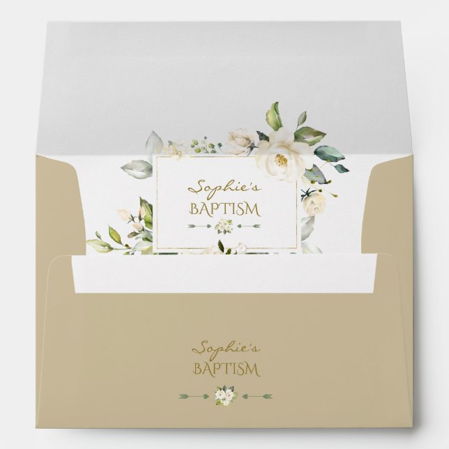 White Floral Gold Glitter Baptism Return Address Envelope (Back (Bottom))