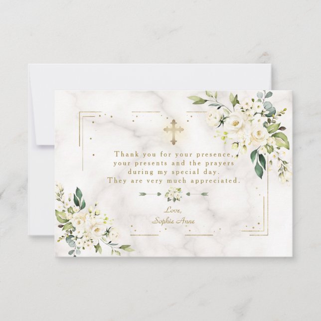 White Floral Gold Glitter Frame Marble Baptism Thank You Card (Front)