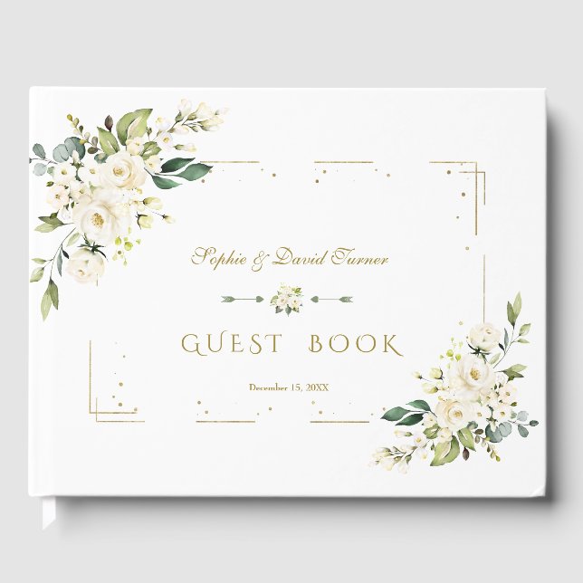 White Floral Gold Glitter Frame Navy Wedding Guest Book (Front)