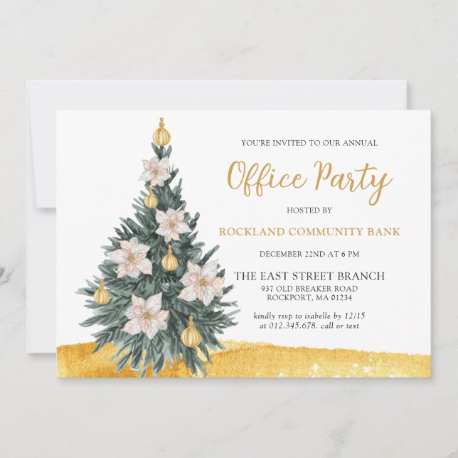White Floral Gold Ornament Christmas Tree Party Invitation (Front)
