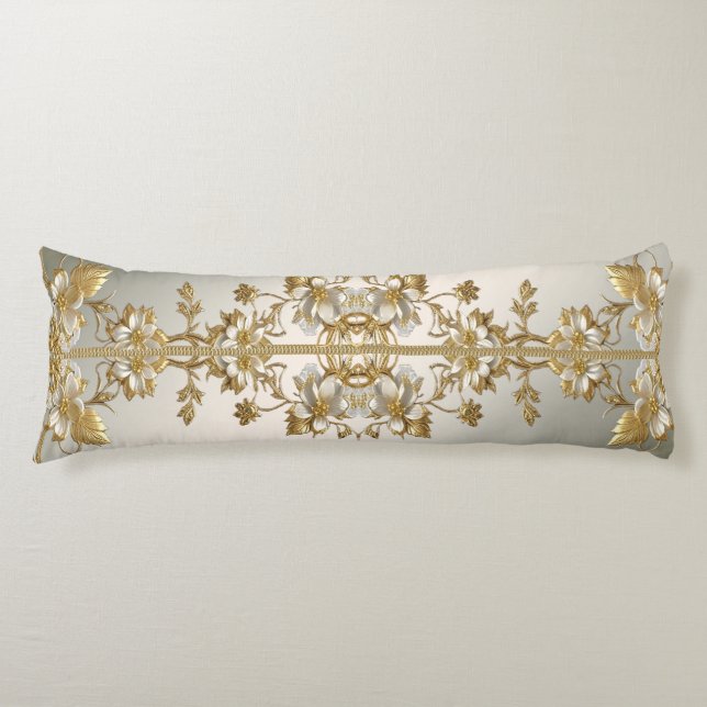 White Floral Gold Ornate Body Pillow (Front)