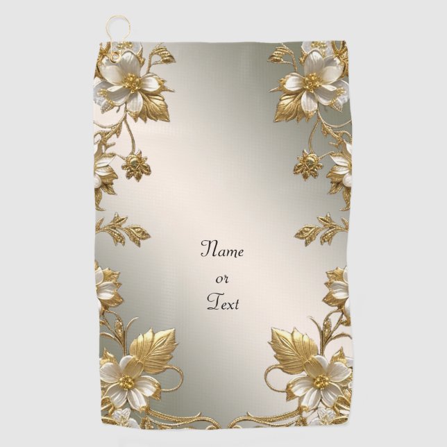 White Floral Gold Ornate Golf Towel (Front)