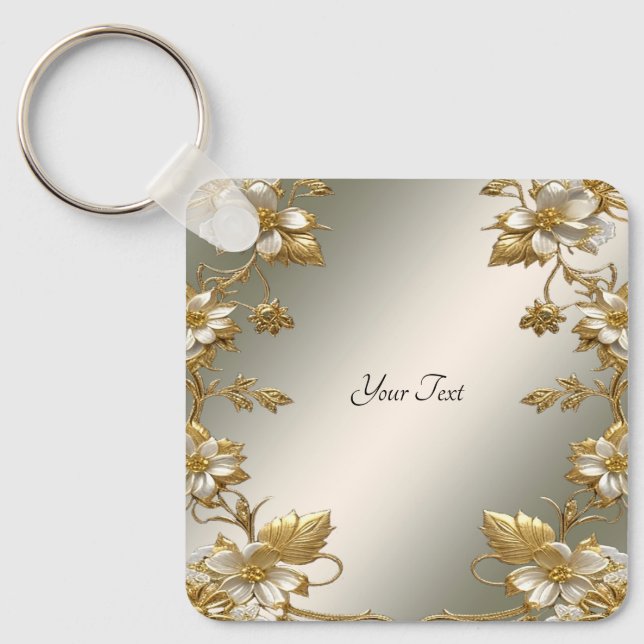White Floral Gold Ornate Keychain (Front)