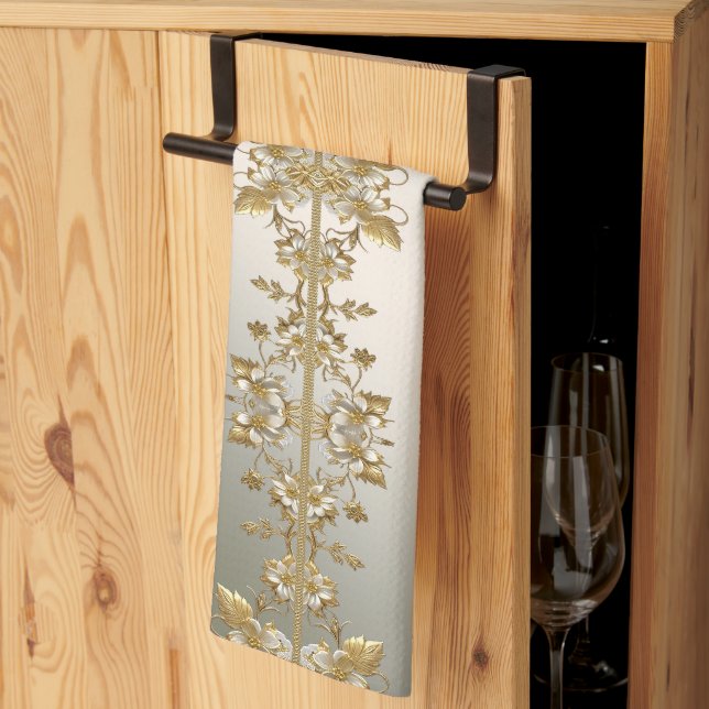 White Floral Gold Ornate Kitchen Towels (Thirds Fold)