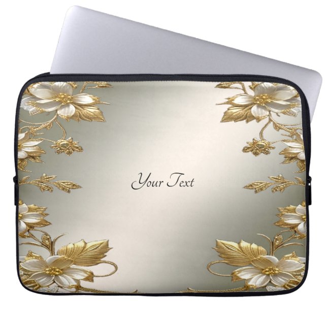 White Floral Gold Ornate Laptop Sleeve (Front)