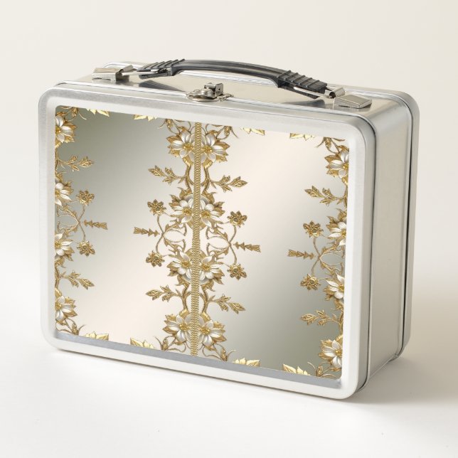 White Floral Gold Ornate Lunchbox (Front)