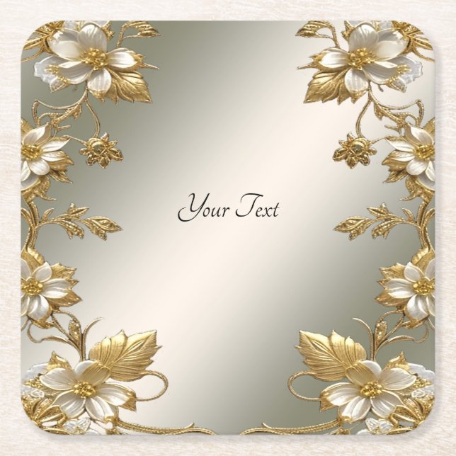 White Floral Gold Ornate Paper Coaster (Front)
