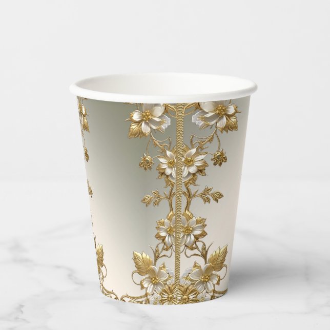 White Floral Gold Ornate Paper cup (Front)