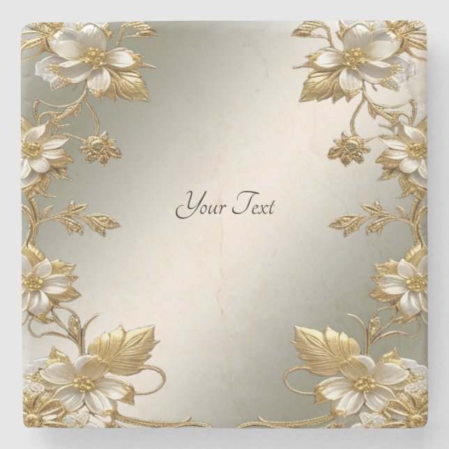 White Floral Gold Ornate Stone Coaster (Front)
