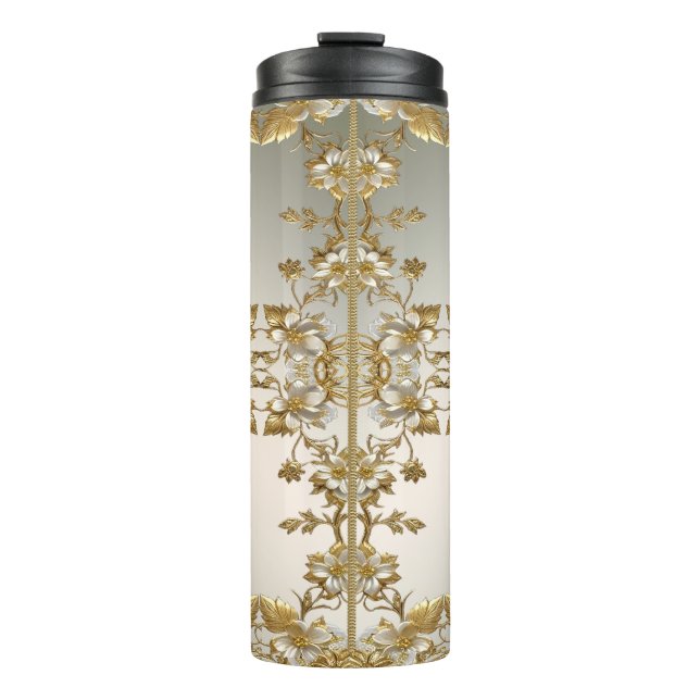 White Floral Gold Ornate Thermal Tumbler (Front)