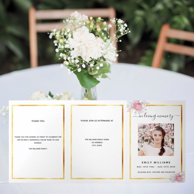 White floral gold photo tri-fold funeral program announcement (Creator Uploaded)