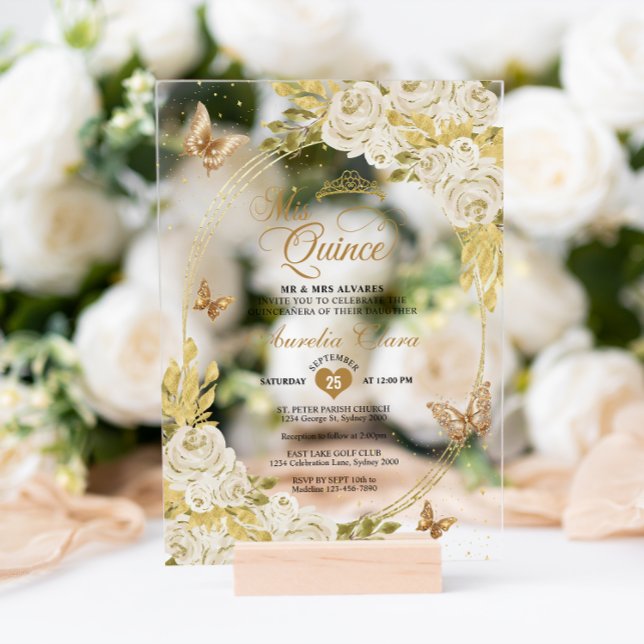 White Floral Gold Tiara Butterfly Mis Quinceañera Acrylic Invitations (Creator Uploaded)