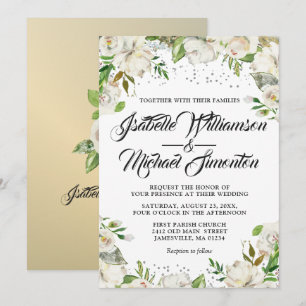 White Floral & Gold Watercolor Wedding Invitations