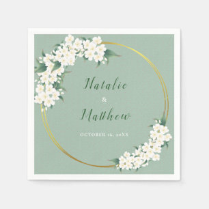 White Floral Green Chinoiserie Pattern Wedding Napkin