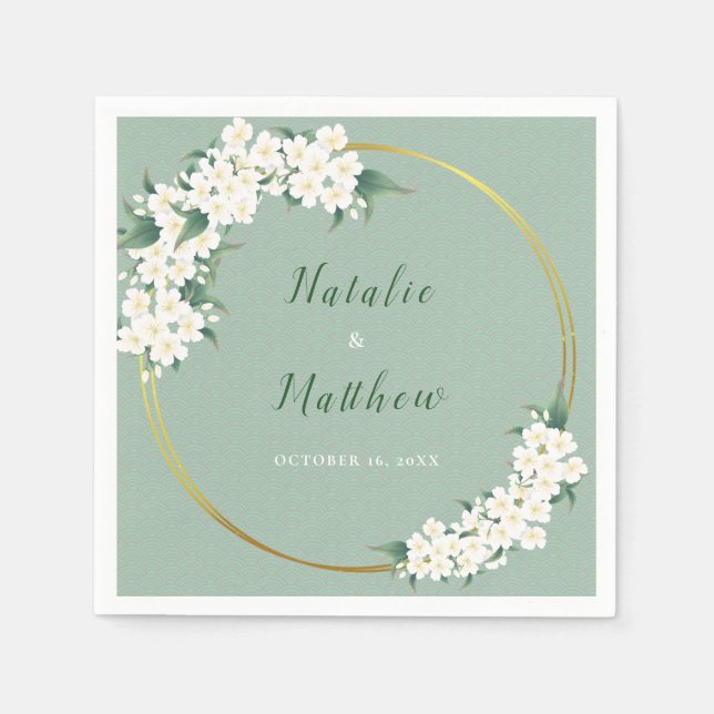 White Floral Green Chinoiserie Pattern Wedding Napkin (Front)
