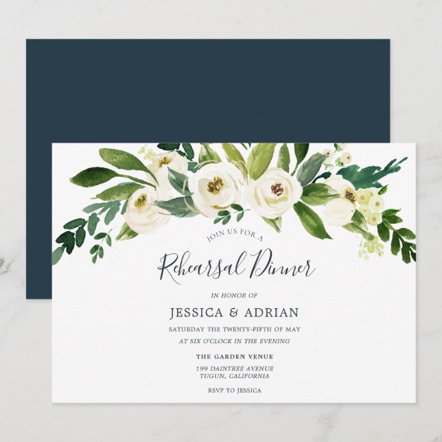 White Floral Green Leaf Rehearsal Dinner Invite (Front/Back)