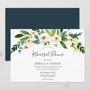 White Floral Green Leaf Rehearsal Dinner Invite