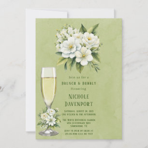White Floral Green Painted Brunch & Bubbly Invitation