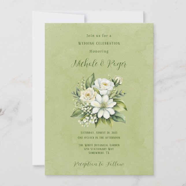 White Floral Green Painted Wedding Celebration Invitation (Front)