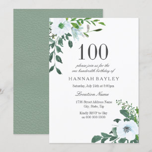 White Floral Greenery 100th Birthday Invitation