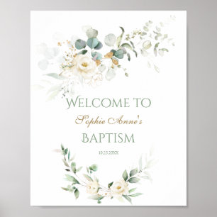 White Floral Greenery Baptism Welcome Sign