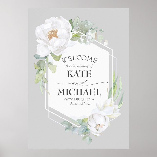 White Floral Greenery Geometric Wedding Welcome Poster (Front)