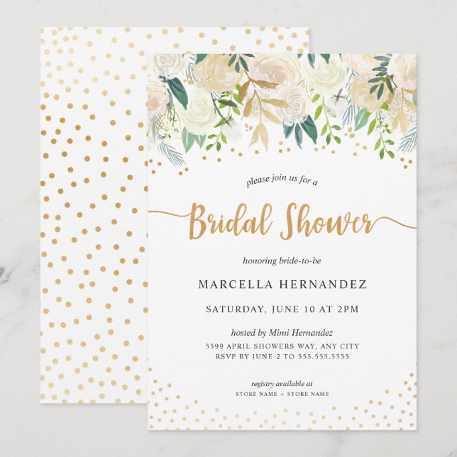 White Floral Greenery Gold Bridal Shower Invitation (Front/Back)