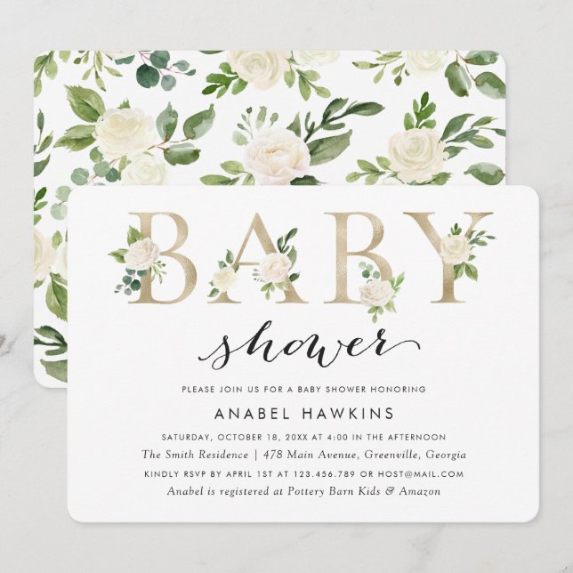 White Floral Greenery Gold Foil Baby Shower Invitation (Front/Back)