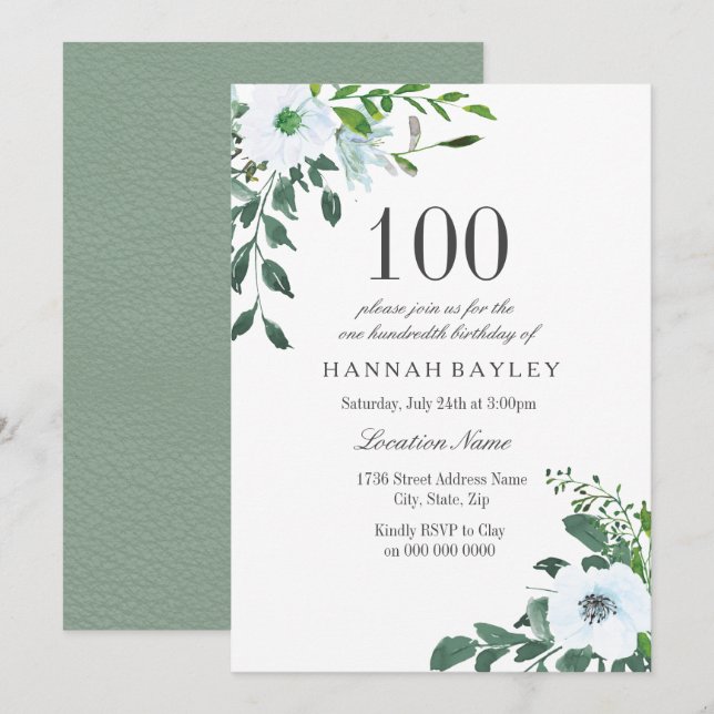 White Floral Greenery Invitation 100e anniversaire (Devant / Derrière)