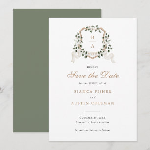 White Floral Greenery Ivy Crest Wedding Save Date Invitation