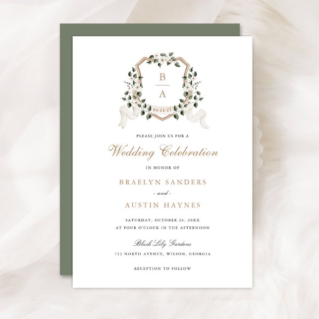 White Floral Greenery Ivy Monogram Crest Wedding Invitation (Creator Uploaded)