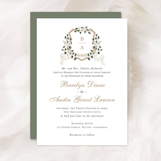 White Floral Greenery Ivy Monogram Crest Wedding Invitation (Creator Uploaded)