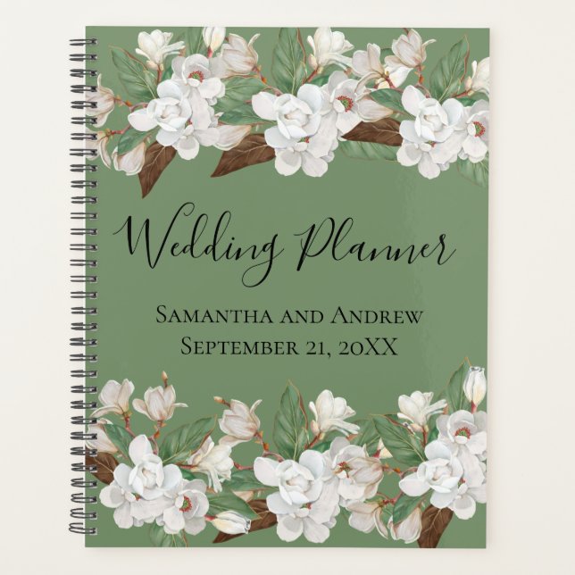 White Floral Greenery Magnolia Wedding Planner  (Front)