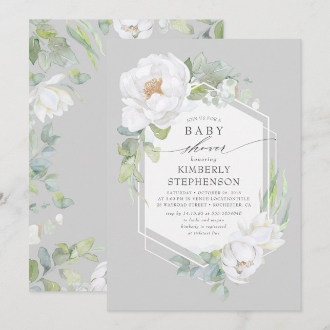 White Floral Greenery Modern Elegant Baby Shower Invitation (Front/Back)