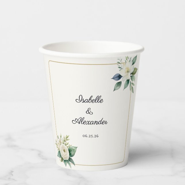 White Floral & Greenery Personalized Wedding Paper Cups (Front)