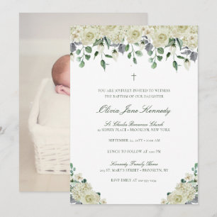 White Floral & Greenery Photo Baptism Invitation