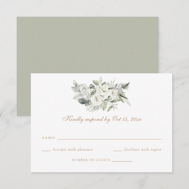 White Floral Greenery Sage Wedding RSVP Card (Front/Back)