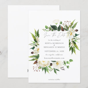 White Floral & Greenery Save the Date Invitation