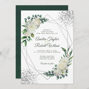 White Floral Greenery Silver Frame Invitation