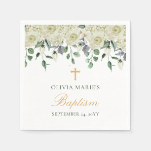White Floral Greenery Simple Modern Baptism Napkin