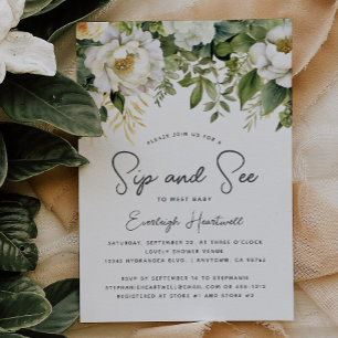 White Floral Greenery Sip and See Baby Shower Invitation