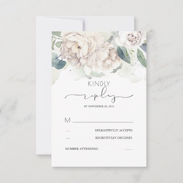 White Floral Greenery Splashes Wedding RSVP (Front)