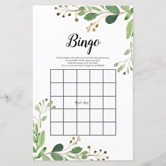 White Floral Greenery Watercolor Bingo Game (Front)